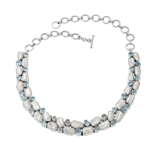 Sterling Silver Necklace Pearl Blue Topaz